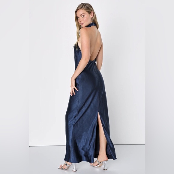 LULU’S Love In Your Life Navy Blue Satin Halter Maxi Dress - Picture 3 of 5